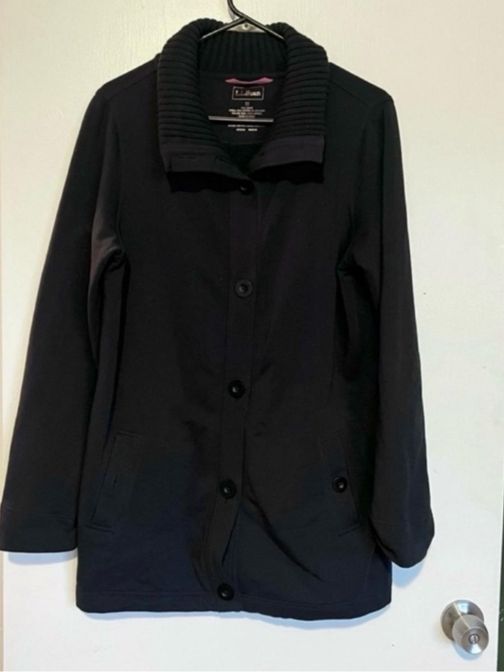 L.L. Bean black stretchy cotton sweatshirt material button front long jacket